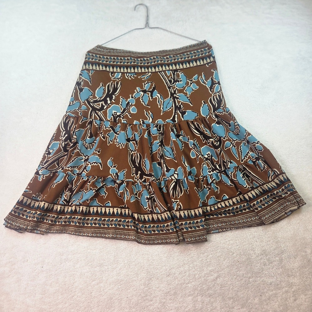 Julie's Closet Brown Blue Floral Geometric Tiered Midi Skirt Small Boho Prairie